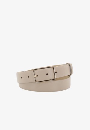 Beige leather belt with a rectangular gold-tone metal buckle, features multiple holes for adjustment and a smooth, textured finish.