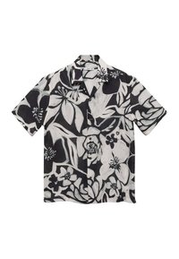 Kurzarmshirt in Schwarz und Weiß mit floralem Muster. Hergestellt aus leichtem Stoff, mit einem Notch-Kragen und Knopfverschluss.