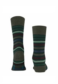 Paski skarpet w różnych odcieniach zieleni, bordowego i niebieskiego, wykonane z teksturowanego dzianego materiału na ciemnoszarym tle.