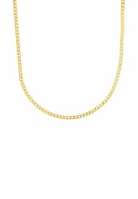 Collar de cadena de metal dorado con eslabones redondeados entrelazados. Textura suave, acabado pulido, grosor medio. Diseño simple, sin adornos.