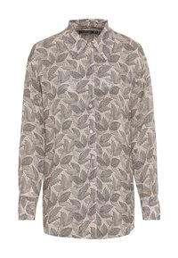 Camicia a maniche lunghe in beige chiaro con un motivo di foglie nere. Caratterizzata da una chiusura con bottoni e un colletto classico. Tessuto morbido.