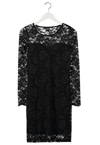 Svart spetsklänning med lång ärm, blommönster, rund halsringning och en figurnära siluett. Hänger på en vit galge.