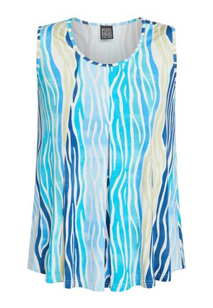 Top fără mâneci în nuanțe de albastru, verde și alb, cu modele de dungi ondulate; realizat dintr-un material moale, având gât rotund și croială lejeră.