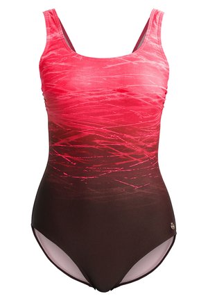 Viena gabala peldkostīms ar gradienta dizainu, augšdaļā spilgti rozā, kas pāriet tumši brūnā krāsā, izgatavots no gludas, elastīgas materiāla.