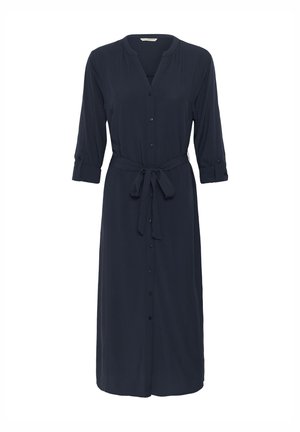 Tummansininen midi-paitamekko, jossa on pitkät hihat, napit edessä ja vyötäröllä solmittava vyö.