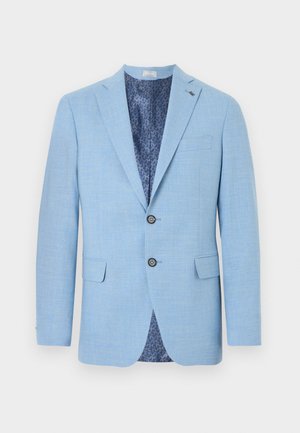 Hellblauer Blazer aus strukturiertem Stoff, mit Zwei-Knopf-Verschluss, Taschen und einem gemusterten dunkelblauen Futter.