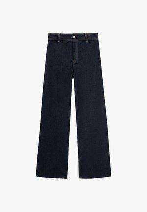 Dark blue wide-leg jeans with a frayed hem, featuring a button and zipper fly, and classic five-pocket design with contrasting stitching.