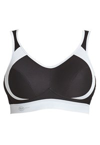 Black sports bra with white accents. Made from textured fabric. Features molded cups and wide straps for support. Logo on the band.