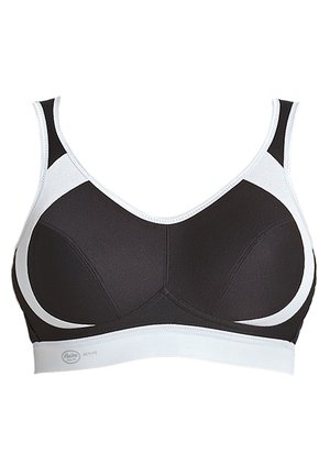 Sort sports-bh med hvide detaljer. Fremstillet af tekstureret stof. Har formede skåle og brede stropper for støtte. Logo på båndet.