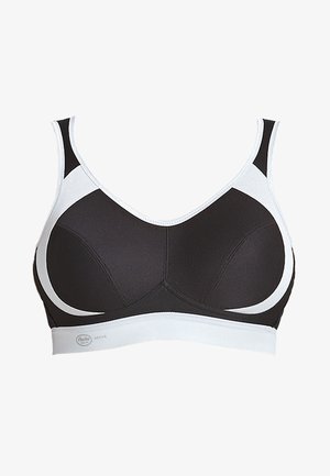 Zwarte sportbeha met witte accenten. Gemaakt van textuurstof. Beschikt over gevormde cups en brede banden voor ondersteuning. Logo op de band.