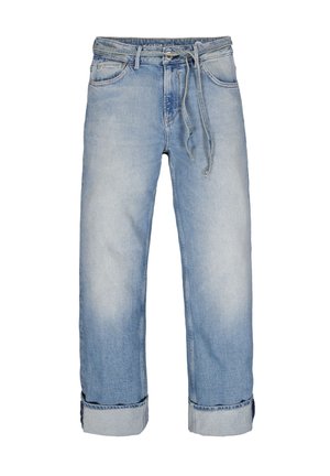 Hellblaue Jeans aus Denim mit hochgekrempelten Bündchen, Kordelzugbund, vorderer Knopfleiste und Taschen, die einen verblassten Waschungseffekt zeigen.