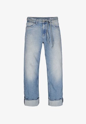 Hellblaue Jeans aus Denim mit hochgekrempelten Bündchen, Kordelzugbund, vorderer Knopfleiste und Taschen, die einen verblassten Waschungseffekt zeigen.