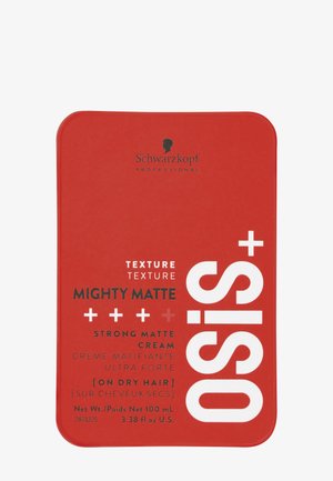 Schwarzkopf OSiS Mighty Matte Creme in einem rechteckigen roten Behälter. Text hebt starken matten Halt und die Verwendung auf trockenem Haar hervor. 100 mL Inhalt.