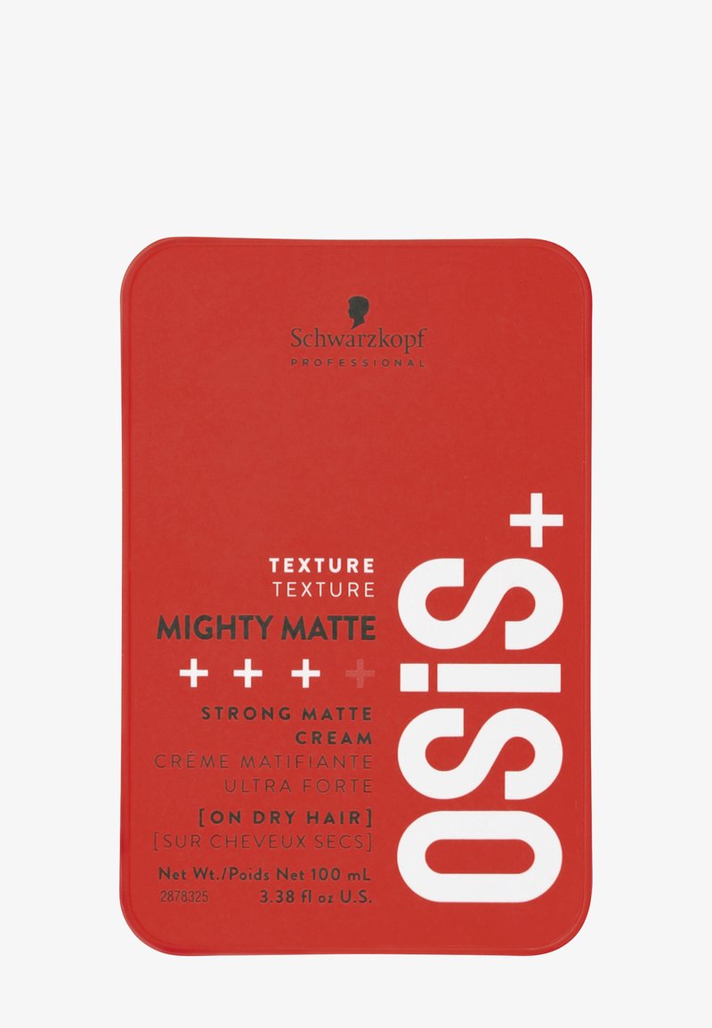 Crema Mighty Matte di Schwarzkopf OSiS in un contenitore rettangolare rosso. Il testo evidenzia una forte tenuta opaca e l'utilizzo su capelli asciutti. Capacità di 100 mL.