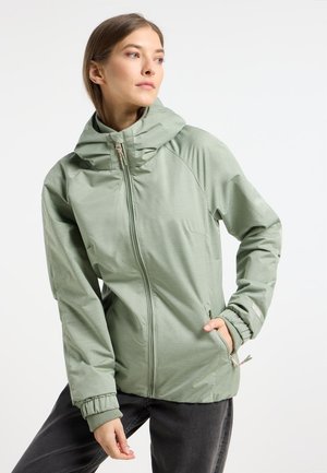 Light green, hooded jacket with a zip front, elastic cuffs, and side pockets. Smooth texture, tailored fit, and minimalistic design.