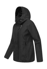 Črna vodoodporna jakna z kapuco, z zadrgo spredaj, nastavljivimi vrvicami in dvema stranskima žepoma, z gladko, mat površino.