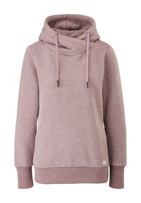 Pull-over à capuche mauve avec col montant croisé, cordons, manches longues, poignets et ourlet côtelés, et petit logo blanc près de l'ourlet.