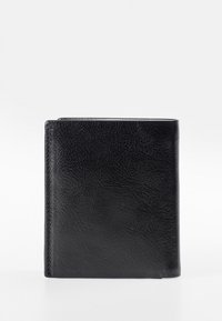 Black leather wallet with a soft texture, bi-fold design, and discreet stitching. Compact shape with no visible hardware or logos.