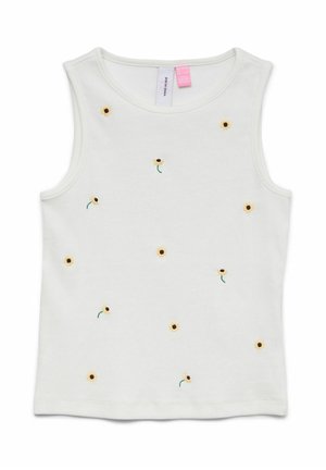 White sleeveless top with small yellow and brown embroidered flowers scattered across the front, featuring a round neckline.