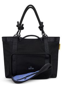 Black tote bag made of sturdy fabric, featuring dual handles, a front zip pocket, and a contrasting blue inner lining with a pattern.