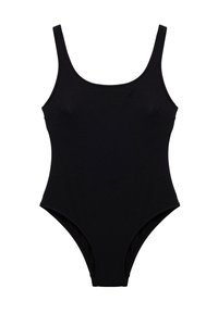 Sorte heldragt badedragt med brede skulderstropper og tekstureret stof, designet til en komfortabel pasform.