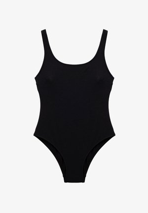 Maillot de bain noir une pièce avec de larges bretelles et un tissu texturé, conçu pour un ajustement confortable.