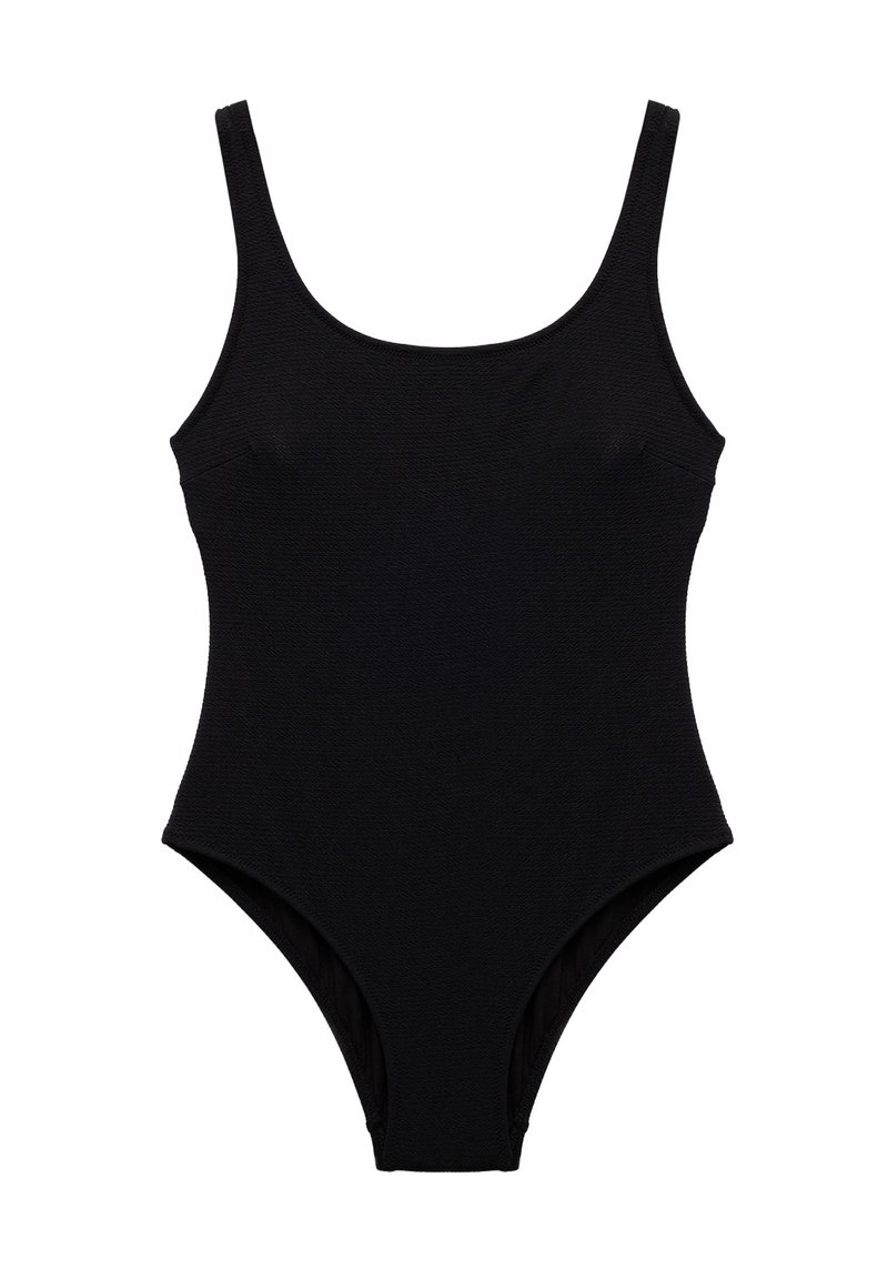 Sorte heldragt badedragt med brede skulderstropper og tekstureret stof, designet til en komfortabel pasform.