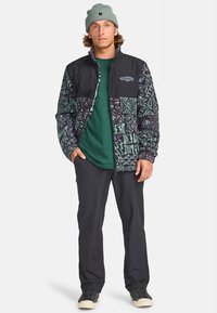 Hombre con un gorro gris, chaqueta de forro polar con un patrón y paneles negros, camisa verde, pantalones negros y zapatillas negras con suelas blancas, de pie de manera relajada.