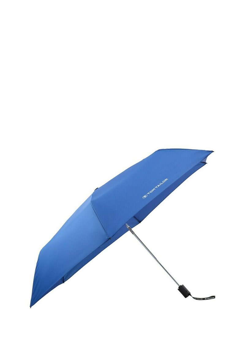 Blue umbrella with a canopy made of fabric, metallic shaft, ergonomic handle, and a logo on the canopy. Compact and lightweight design.