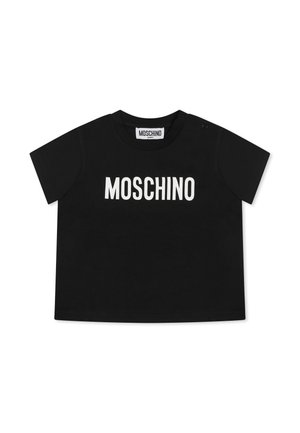 T-shirt in cotone nero con maniche corte, con collo rotondo e logo "MOSCHINO" in bianco sulla parte anteriore. Due bottoni a pressione sulla spalla.