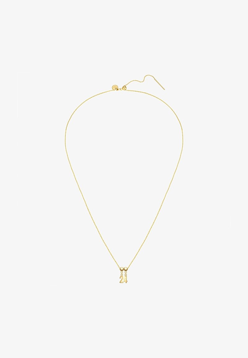 Guldkedja med en fin kedja och en berlock som visar siffran "24" i kombination med två små kulor. Enkel, elegant design med en slät yta.