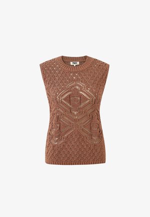 Sleeveless brown crochet knit top with geometric openwork patterns and a round neckline.