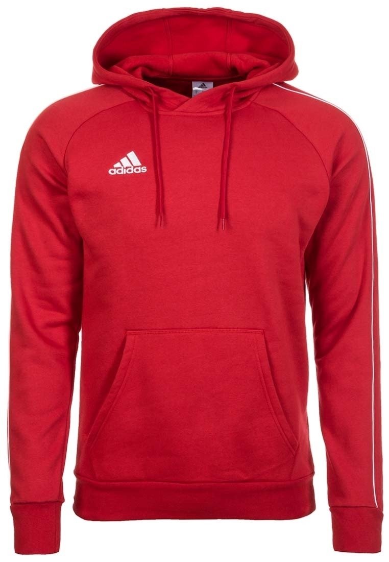 Sudadera roja hecha de una mezcla de algodón, que cuenta con un bolsillo frontal, un logo bordado en blanco, capucha con cordón y franjas laterales blancas en contraste.