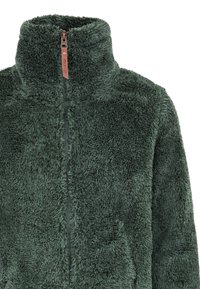 Giacca in pile verde con colletto alto, zip a tutta lunghezza e tessuto morbido e testurizzato. Presenta un'etichetta in pelle sul cursore della zip.