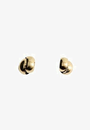 Two small polished gold loop earrings with a twisted, knot-like design on a white background.
