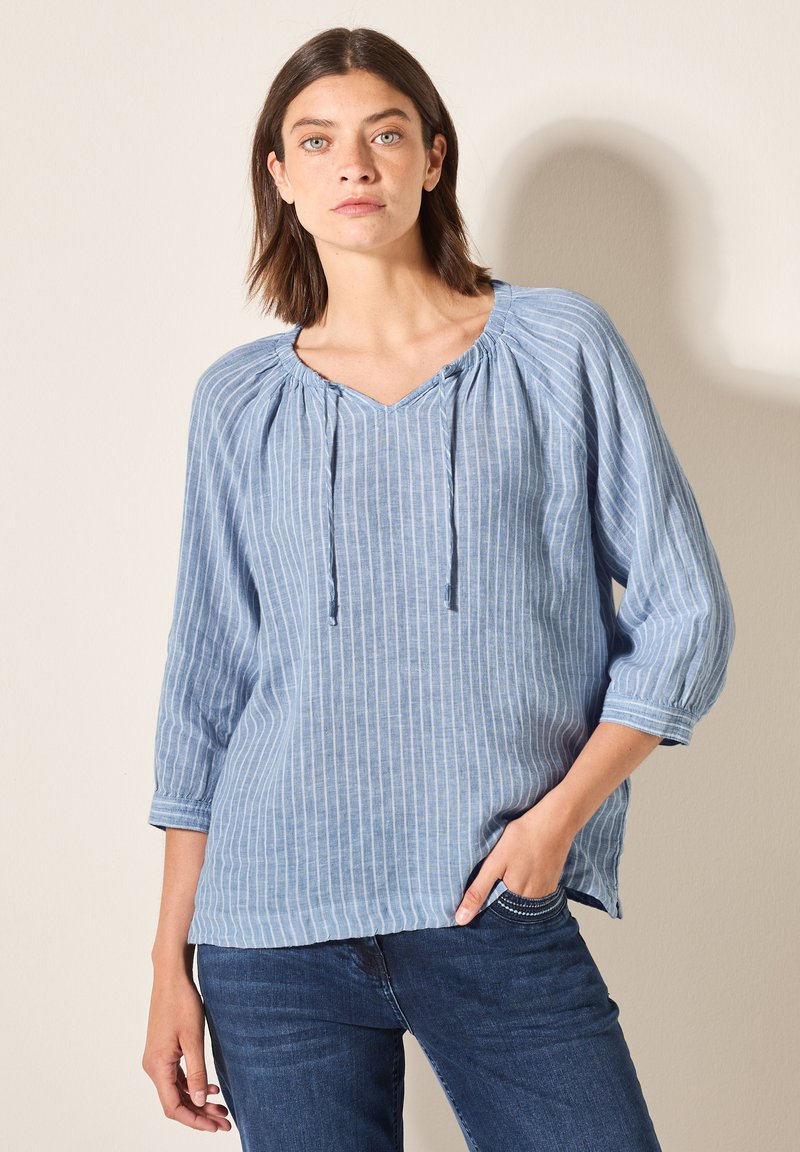 Blusa a rayas azul claro con mangas tres cuartos, escote en V, detalle fruncido en los hombros y tejido ligero. Combinada con jeans oscuros.