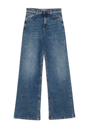 Jeans larghi blu in denim con vita alta, dotati di chiusura anteriore a bottoni e classico design a cinque tasche.