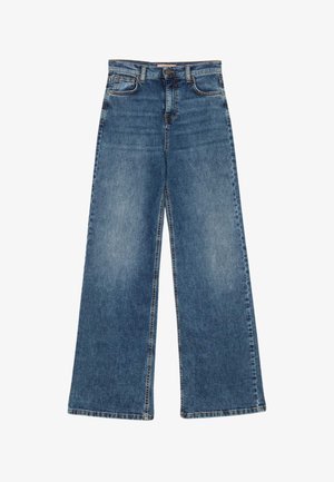 Jeans larghi blu in denim con vita alta, dotati di chiusura anteriore a bottoni e classico design a cinque tasche.