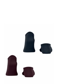 Deux paires de chaussettes affichées : une noire et une bourgogne, montrant différents angles et longueurs. Designs épurés et simples.