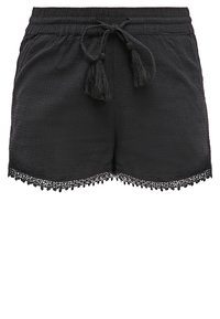 Czarne, tkane szorty z fakturowanej tkaniny, z wiązaniem na sznurek z frędzlami oraz koronkowym wykończeniem na dole.