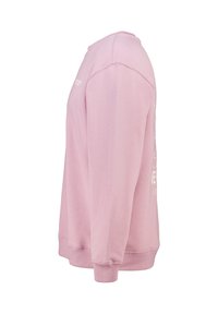 Felpa rosa con collo rotondo, maniche lunghe e polsini a costine. Tessuto morbido con una consistenza liscia e una grafica bianca sul lato posteriore.