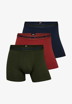Tři páry pánských boxerek v tmavě zelené, červené a námořnické modři. Vlastnosti elastických pasů s logem "JBS UNDERWEAR". Měkká tkanina, přiléhavý střih.