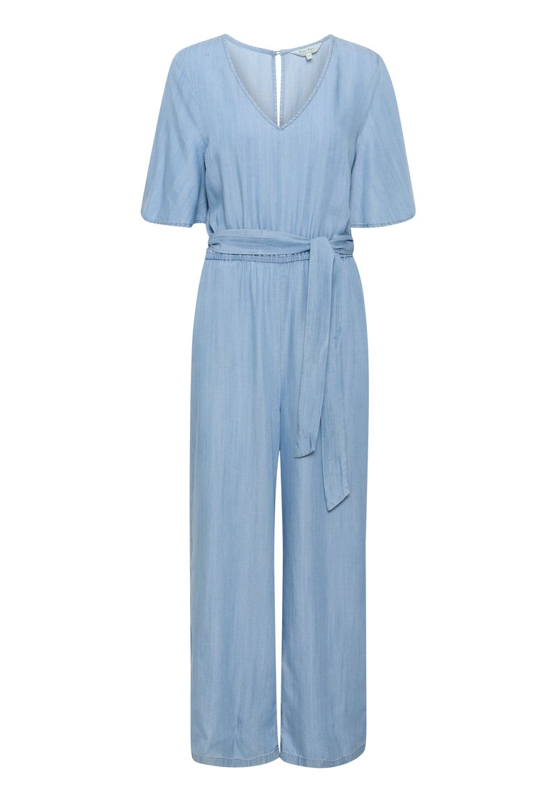 Ljusblå chambray jumpsuit med V-ringning, korta ärmar, knytbälte i midjan och vida byxor. Slät textur, avslappnad passform.