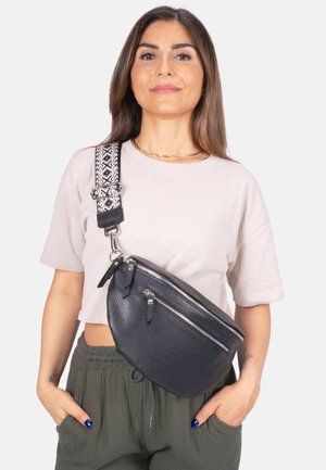 Sac en cuir noir à bandoulière avec une surface texturée, doté de deux poches zippées et d'une sangle adjustable à motif.