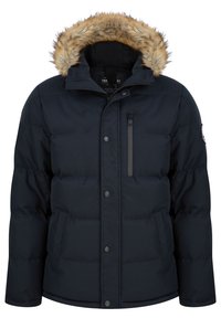 Marineblå dunjakke med pelsforet hætte, lynlåslomme på brystet og trykknapper; har en quiltet tekstur og to nederste sidelommer.