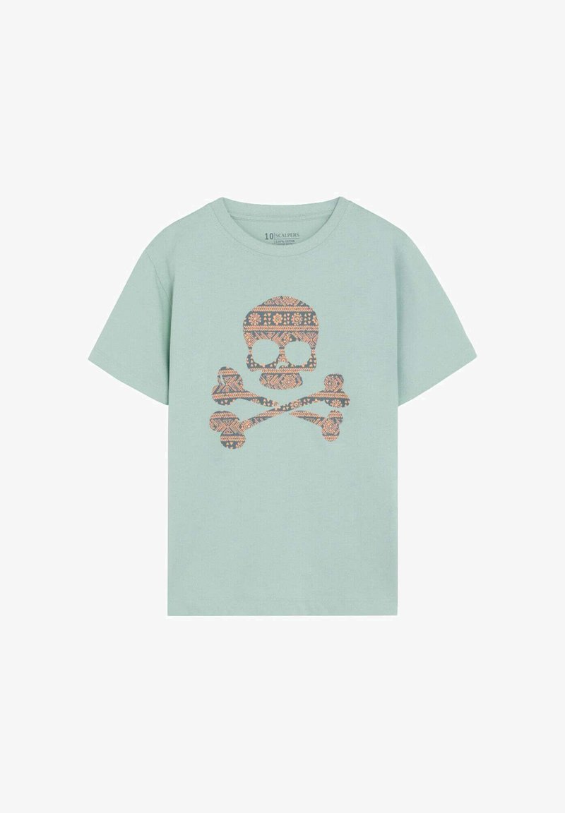 T-shirt à manches courtes vert clair avec un motif de crâne et d'os croisés sur le devant.