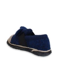Marineblaue Wollschlappen mit weicher Textur, ausgestattet mit einem gestrickten Obermaterial und einem schwarzen elastischen Band. Graufarbene Sohle mit kontrastierendem Nähdetail.
