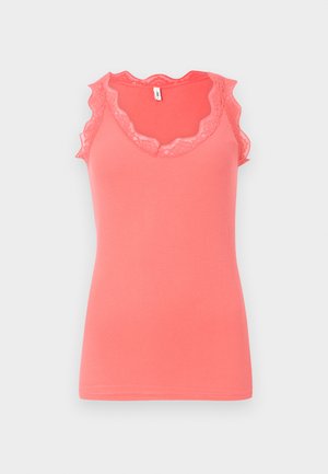 Coral ribbed tank top with lace trim along the neckline and armholes, featuring a scalloped design and a fitted silhouette.