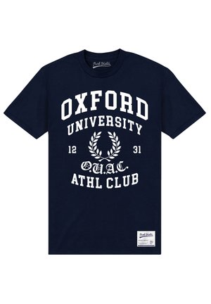 Marineblauwe katoenen T-shirt met witte zeefdruk tekst "OXFORD UNIVERSITY," laurierontwerp en "ATHL CLUB." Label onderaan rechts.