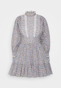 Květinové mini šaty s dlouhými nafouklými rukávy, volány na vysokém límci, předním panelem z bílé krajky, zapínáním na knoflíky a volánkovým lemem sukně.